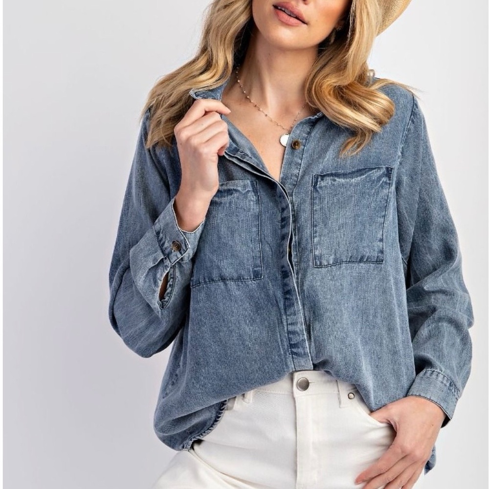 Casual Denim Button-Up Blouse